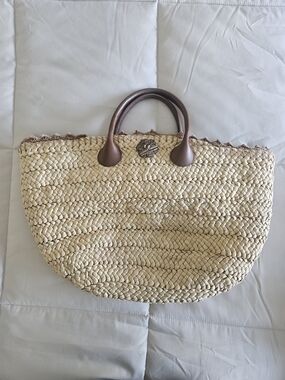 Woven Straw Tote Bag with Brown Handles